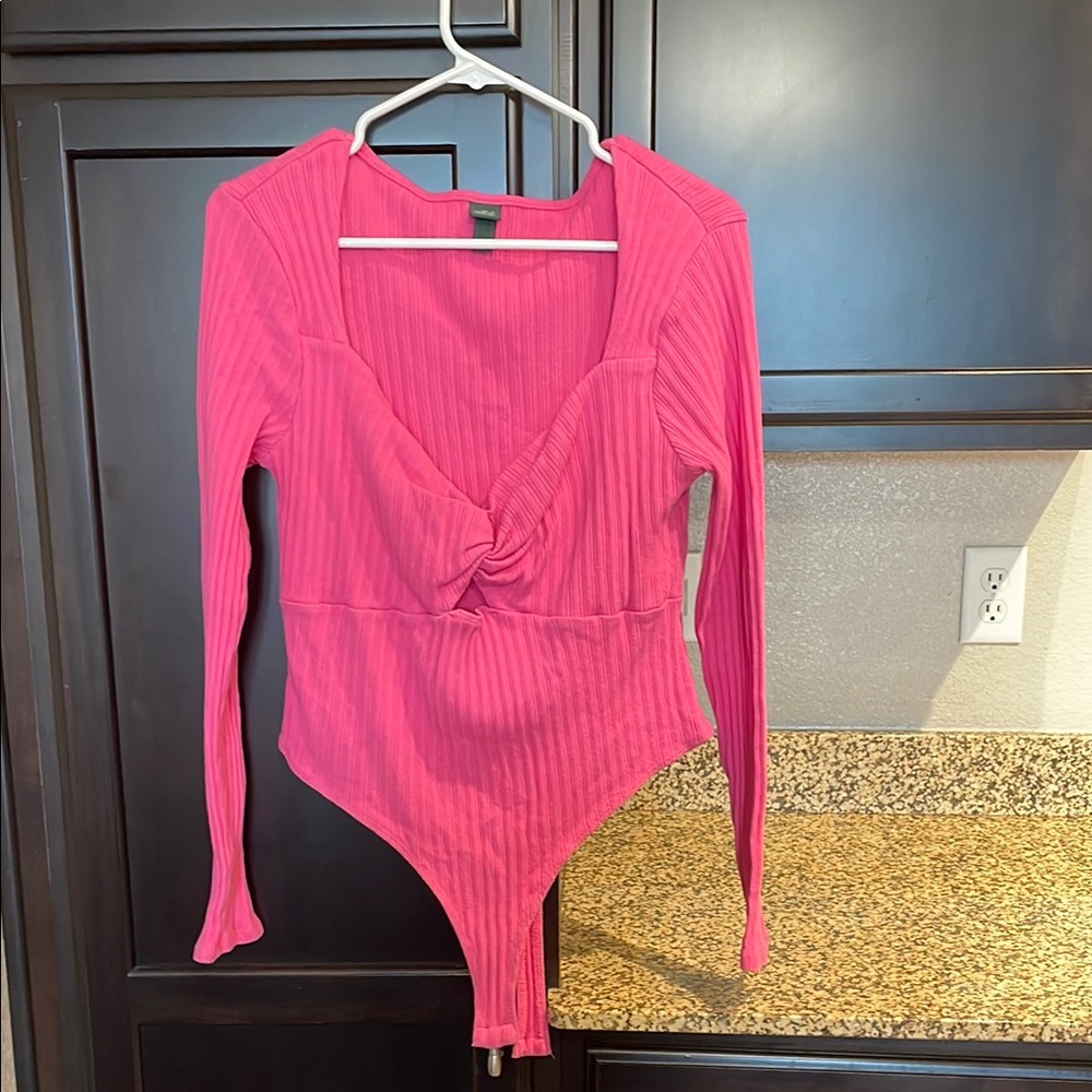 Wild Fable Pink Ribbed Knit Bodysuit with Twisted V-Neck